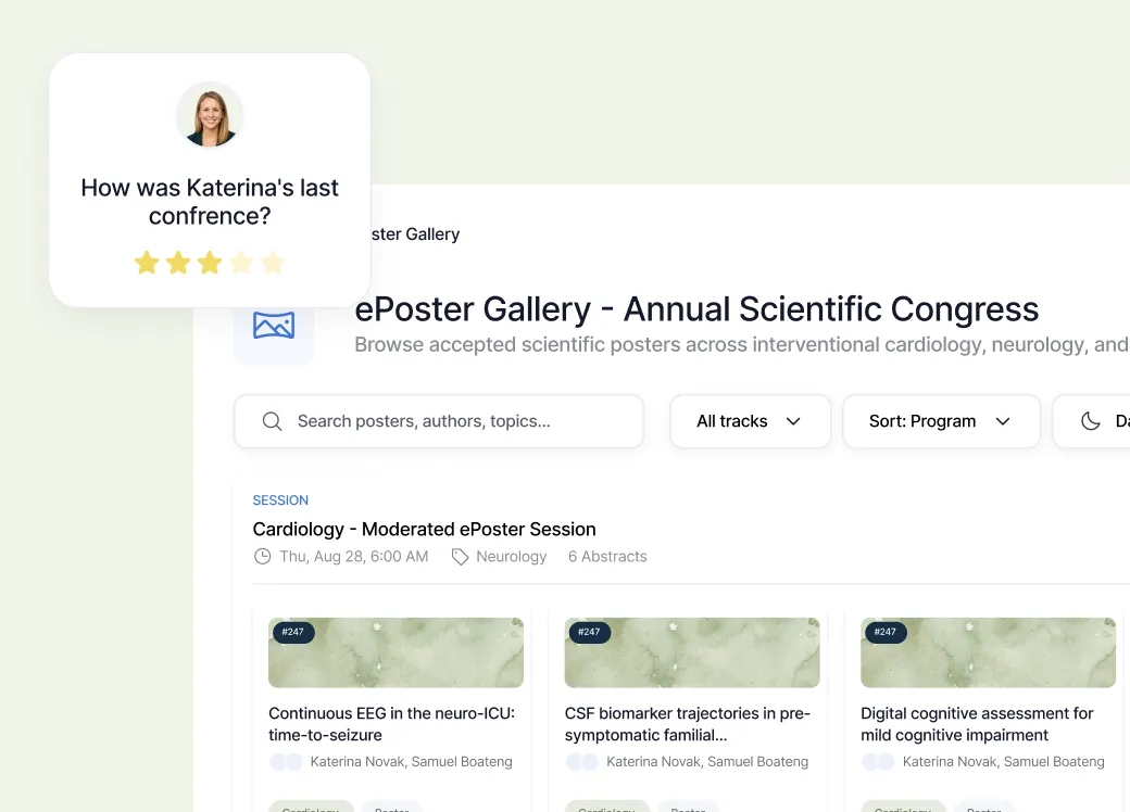 User interface of an ePoster Gallery for an Annual Scientific Congress focusing on interventional cardiology and neurology. It shows a search bar with filters for tracks and sorting by program. A session titled 'Cardiology - Moderated ePoster Session' scheduled for Thu, Aug 28 at 6:00 AM with 6 abstracts is displayed. Three posters are visible, each authored by Katerina Novak and Samuel Boateng, covering topics like continuous EEG in neuro-ICU, CSF biomarker trajectories, and digital cognitive assessment. A popup with a woman's profile picture asks, 'How was Katerina's last confrence?' and shows a 3-star rating.