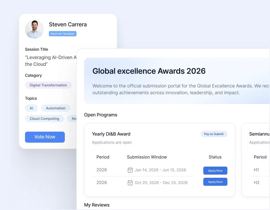 Interface for Global Excellence Awards 2026 submission portal showing a speaker profile for Steven Carrera with session titled Leveraging AI-Driven Analytics in the Cloud, category Digital Transformation, topics AI, Automation, Cloud Computing, and a Vote Now button. The portal lists open programs including Yearly DI&B Award with two submission windows in 2026, each with an Apply Now status button.