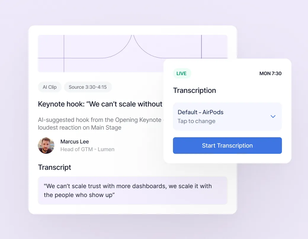 User interface showing an AI-suggested keynote hook with a transcript quote: 'We can't scale trust with more dashboards, we scale it with the people who show up,' attributed to Marcus Lee, Head of GTM at Lumen. Another panel shows a live transcription feature set to Default - AirPods with a button to start transcription and a timestamp of Mon 7:30.