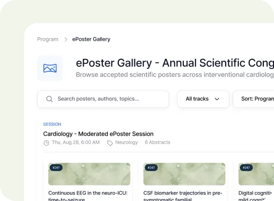 Dropdown menu showing track options: Oncology selected, Neurology, Public Health, with three cards on the right labeled Oncology Track Poster Gallery, Scientific Poster Hall Demo, and Nursing Research Showcase, each tagged with status labels such as Scheduled, Filtered, Private, Live, Demo, and Public.