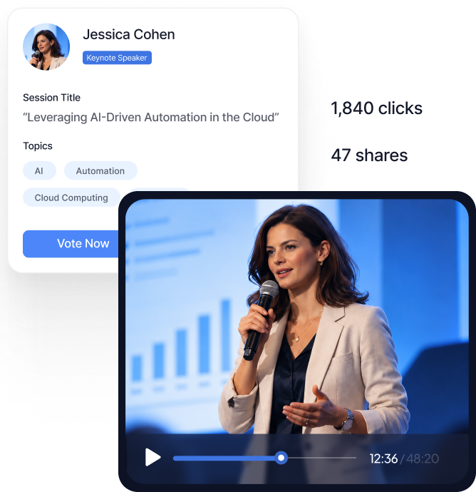 Interface showing Jessica Cohen, keynote speaker, presenting on 'Leveraging AI-Driven Automation in the Cloud' with topics including AI, Automation, Cloud Computing, and No-Code. Video player displays her speaking with a progress bar at 12:36 of 48:20. Quote at 24:30 reads 'We need to rethink how we scale.' Metrics show 1,840 clicks and 47 shares. A live transcription feature is available with default AirPods selected and a 'Start Transcription' button.