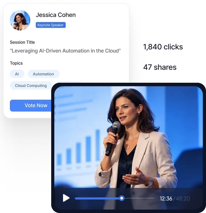 Interface showing Jessica Cohen, keynote speaker, presenting on 'Leveraging AI-Driven Automation in the Cloud' with topics including AI, Automation, Cloud Computing, and No-Code. Video player displays her speaking with a progress bar at 12:36 of 48:20. Quote at 24:30 reads 'We need to rethink how we scale.' Metrics show 1,840 clicks and 47 shares. A live transcription feature is available with default AirPods selected and a 'Start Transcription' button.