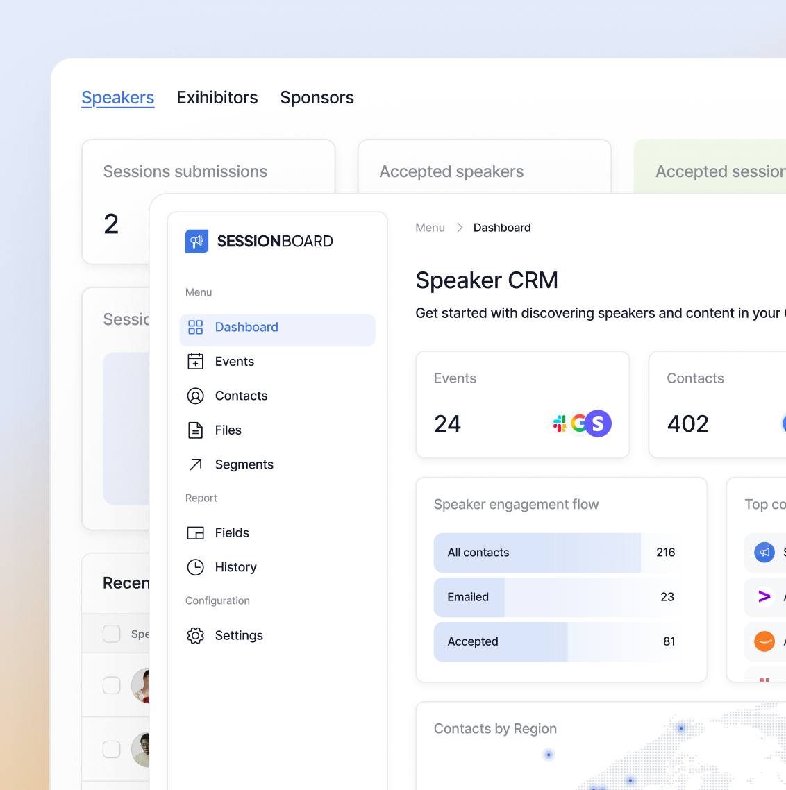 Speaker CRM dashboard from SESSIONBOARD showing menu options like Dashboard, Events, Contacts, Files, Segments, Fields, History, and Settings. Dashboard displays event count as 24, contacts as 402, and speaker engagement flow with 216 all contacts, 23 emailed, and 81 accepted.