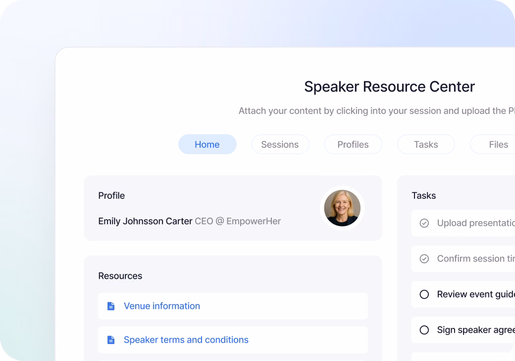 Search interface showing results for 'Artificial Intelligence' with tabs for All, Speakers, Sessions, and Topics. Two profiles appear: Sarah Chen, Product Manager at Google, with tags AI, Product, Leadership, and others, plus 25 events and 120 reviews; Arav Patel, Senior Product Manager at Google, with tags AI, B2B, Growth, and others, plus 18 events and 98 reviews.