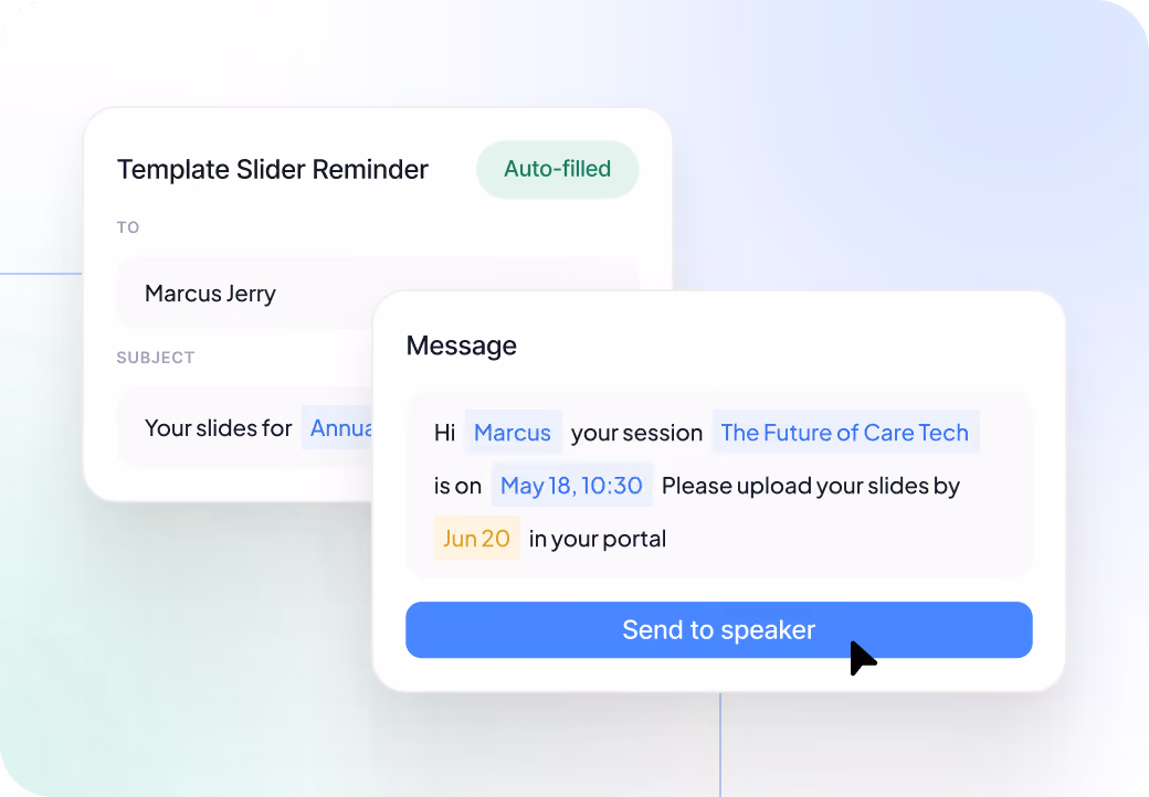 Speaker email communication using pre-built templates