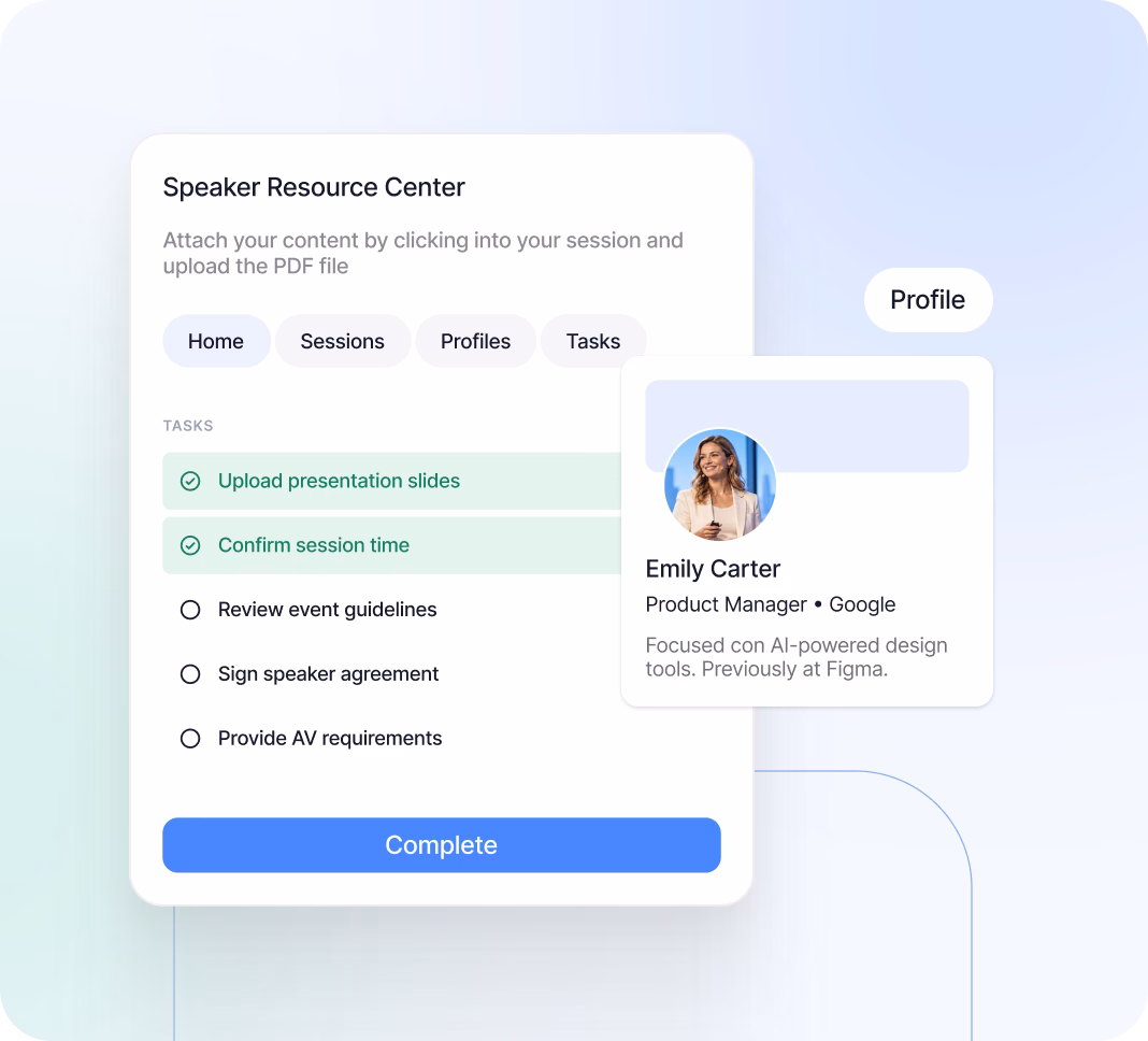 Speaker Resource Center task checklist with a speaker profile card overlay
