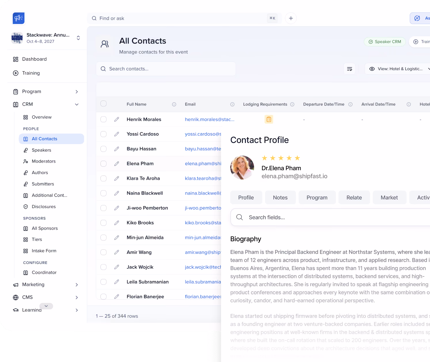 Speaker CRM interface showing a searchable contact list and a contact profile panel