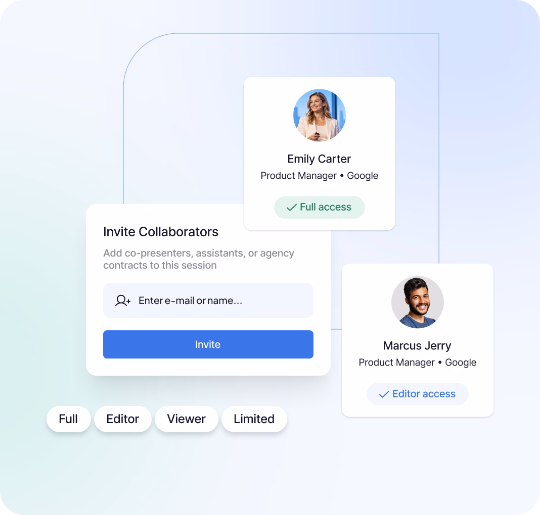 Collaborator invite panel with team member access level badges