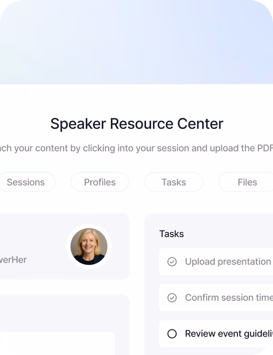 Search interface showing results for 'Artificial Intelligence' with tabs for All, Speakers, Sessions, and Topics. Two profiles appear: Sarah Chen, Product Manager at Google, with tags AI, Product, Leadership, and others, plus 25 events and 120 reviews; Arav Patel, Senior Product Manager at Google, with tags AI, B2B, Growth, and others, plus 18 events and 98 reviews.