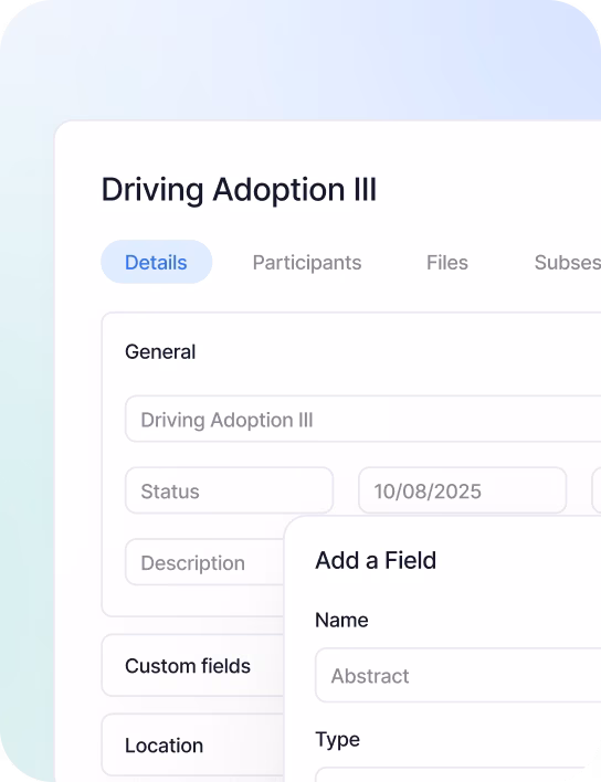 User interface showing a Manage Speakers List with profiles including photos, names, job titles, affiliations, tags like AI, Product, Leadership, and dates added, highlighting Sarah Chen, Product Manager at Google.