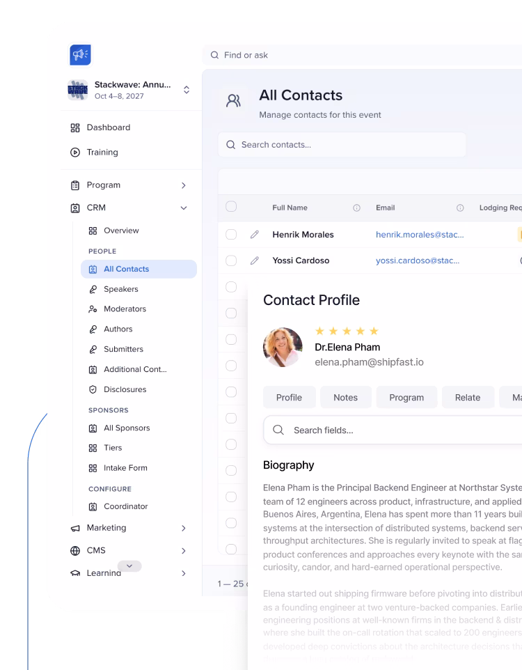 Screenshot of a CRM interface showing a list of contacts for an event called Stackwave scheduled for Oct 4-8, 2027. The left sidebar includes menu items like Dashboard, Training, Program, CRM with subcategories like Overview, All Contacts, Speakers, Moderators, Authors, Submitters, and others. The main panel displays the All Contacts section with names Henrik Morales and Yossi Cardoso, and a Contact Profile for Dr. Elena Pham including her photo, email elena.pham@shipfast.io, tabs for Profile, Notes, Program, Relate, and a biography describing her role as Principal Backend Engineer at Northstar Systems and her professional background.
