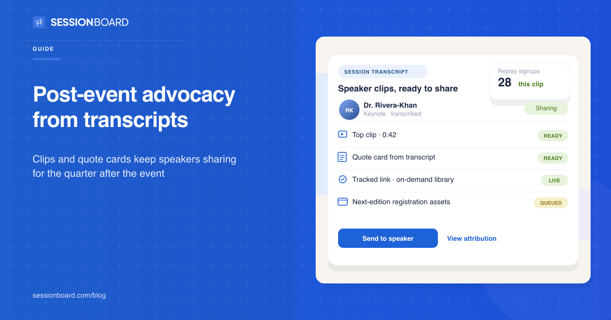Your speakers stop sharing the day the event ends. The transcript says they don't have to., Sessionboard blog