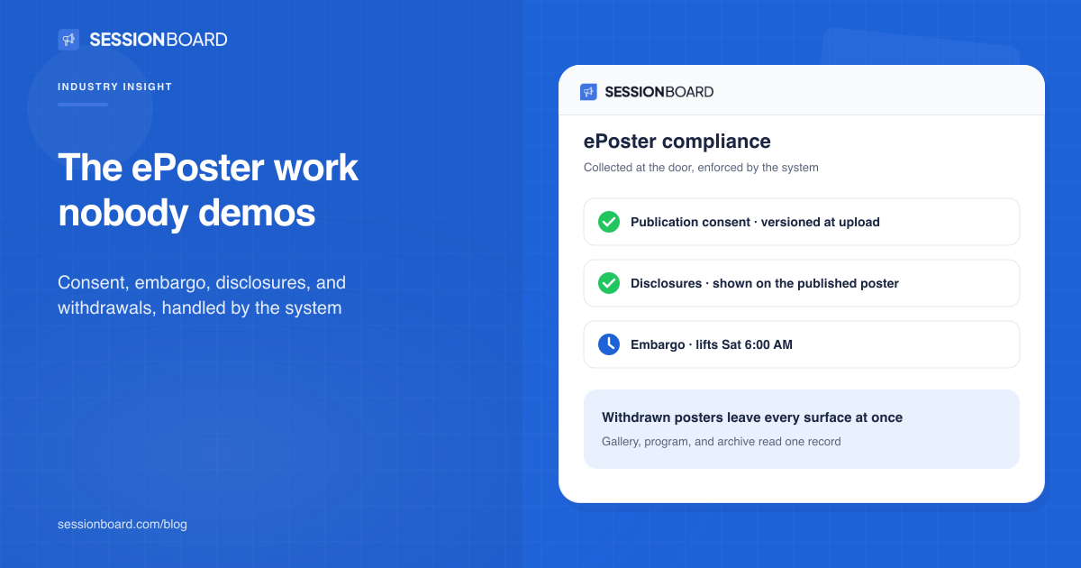 Consent, embargo, and disclosures: the ePoster work nobody puts in the demo, Sessionboard blog