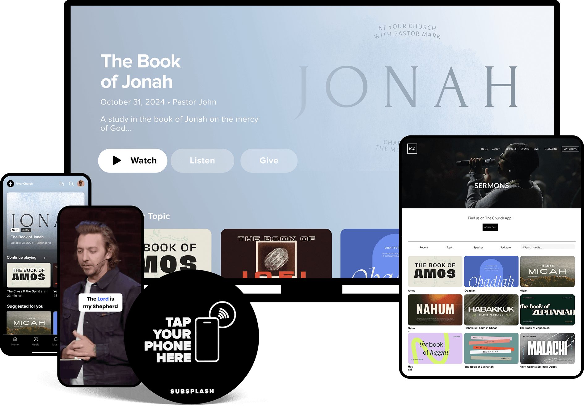 Subsplash church app, TV app, and website showing sermon content