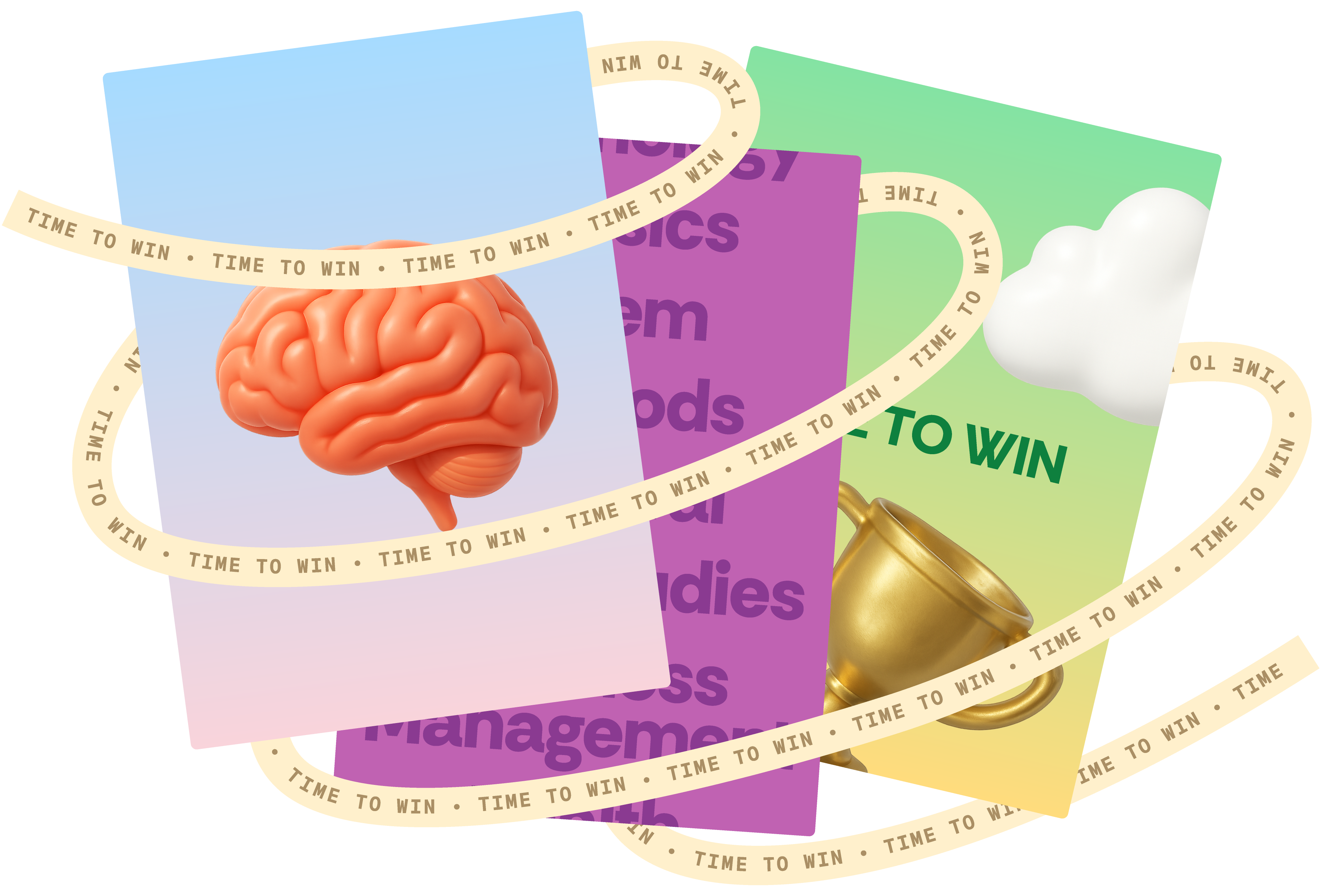 Three colourful Study Fest cards overlaid with a looping ‘Time to Win’ ribbon. One card features a 3D brain on a purple-to-blue gradient, another shows VCE subject names on a purple background, and the third shows a gold trophy under a green sky with clouds.