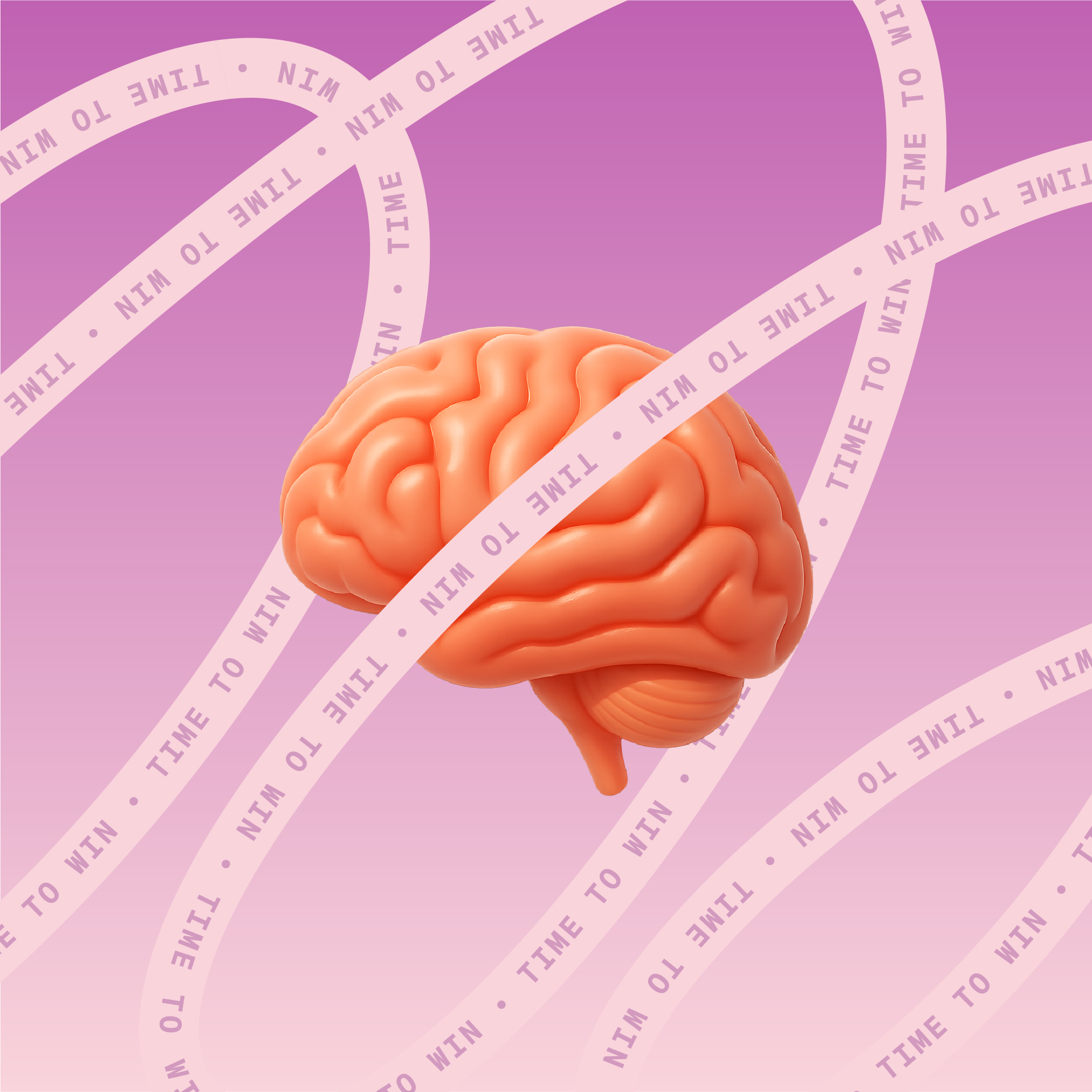 3D illustration of a brain on a purple-to-pink gradient background, surrounded by energetic, looping time to win ribbons.