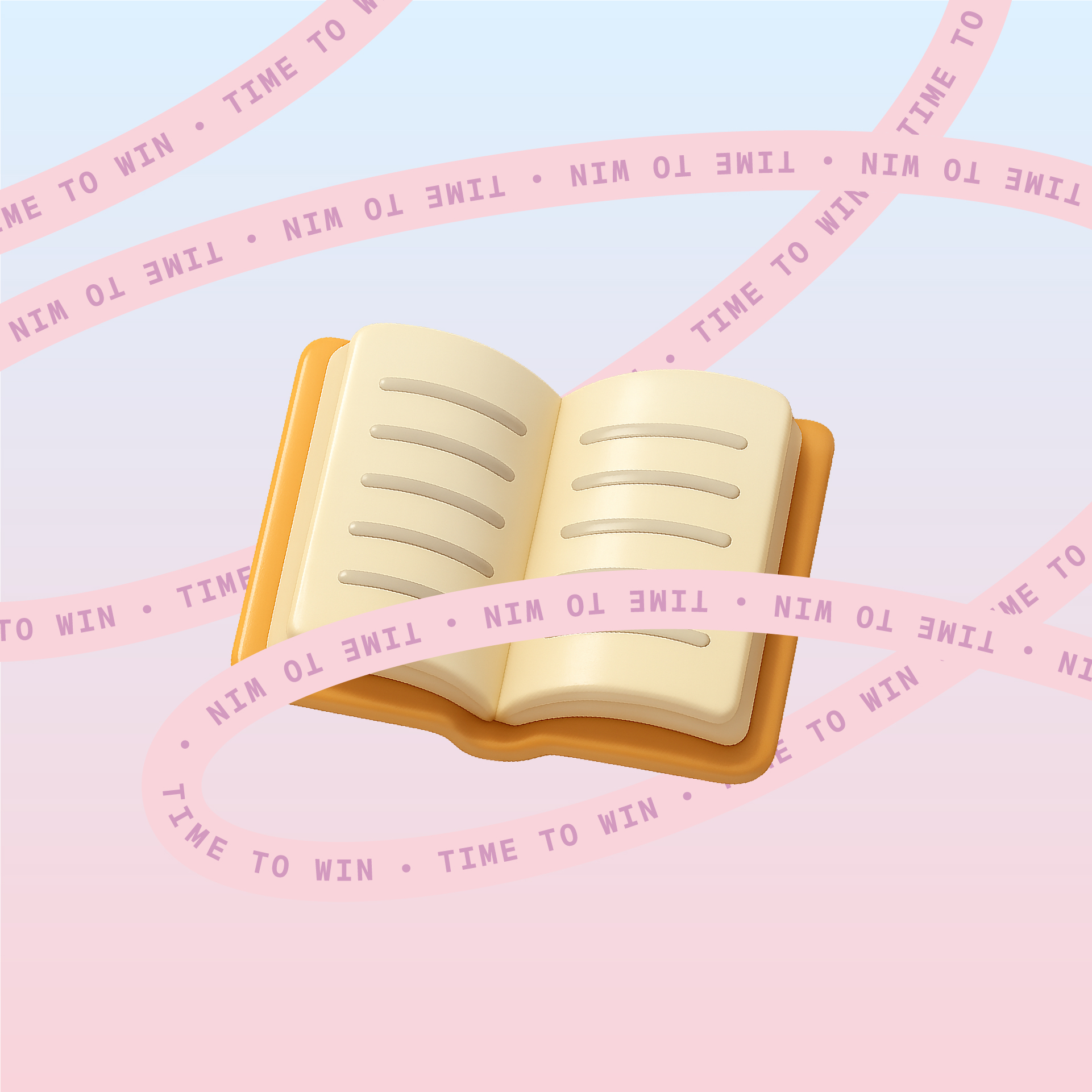 Open book icon floating against a soft blue-to-pink gradient background, wrapped with looping pink ribbons that read time to win.