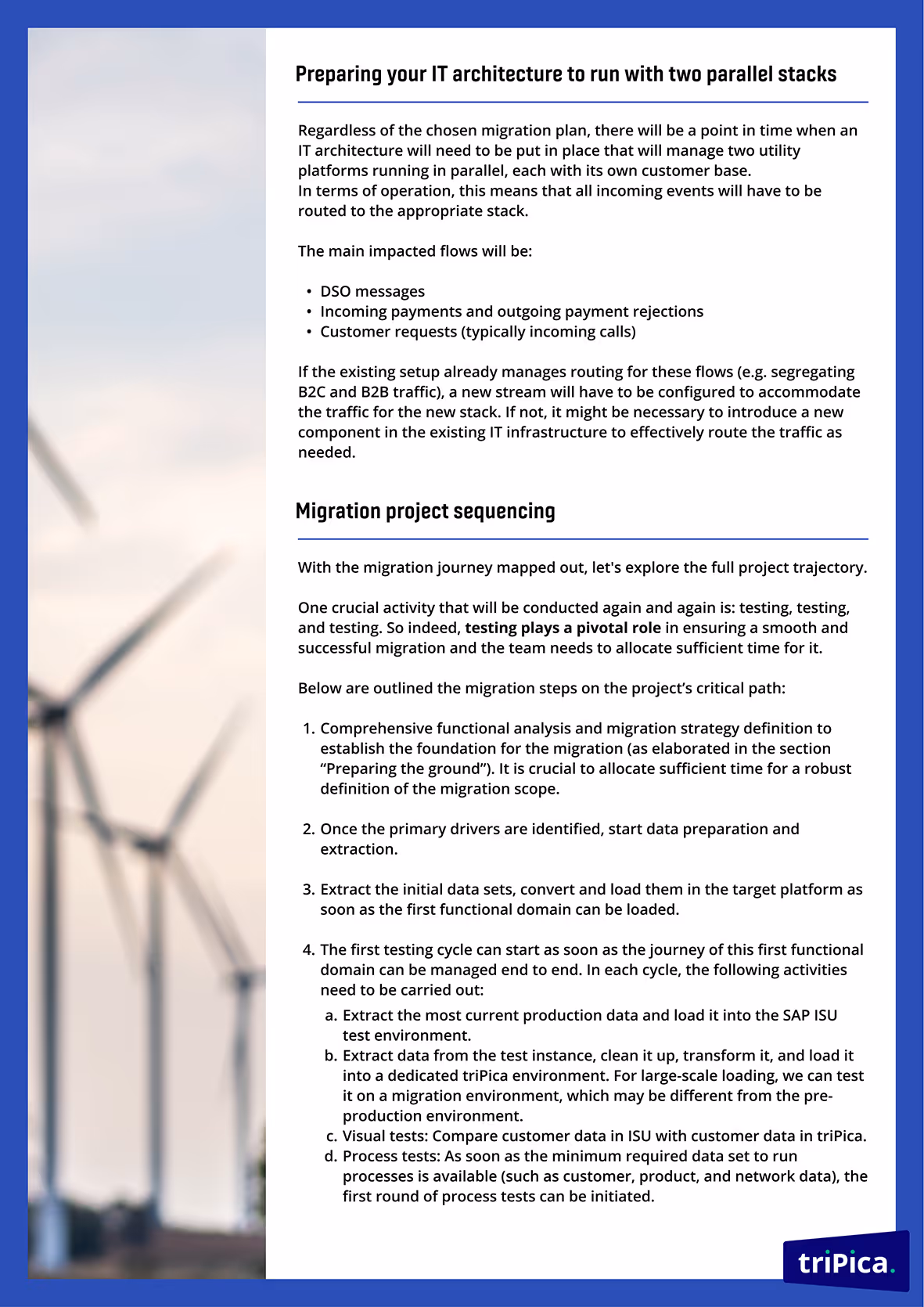 Document on IT architecture migration with wind turbines in the background and triPica logo at the bottom right.