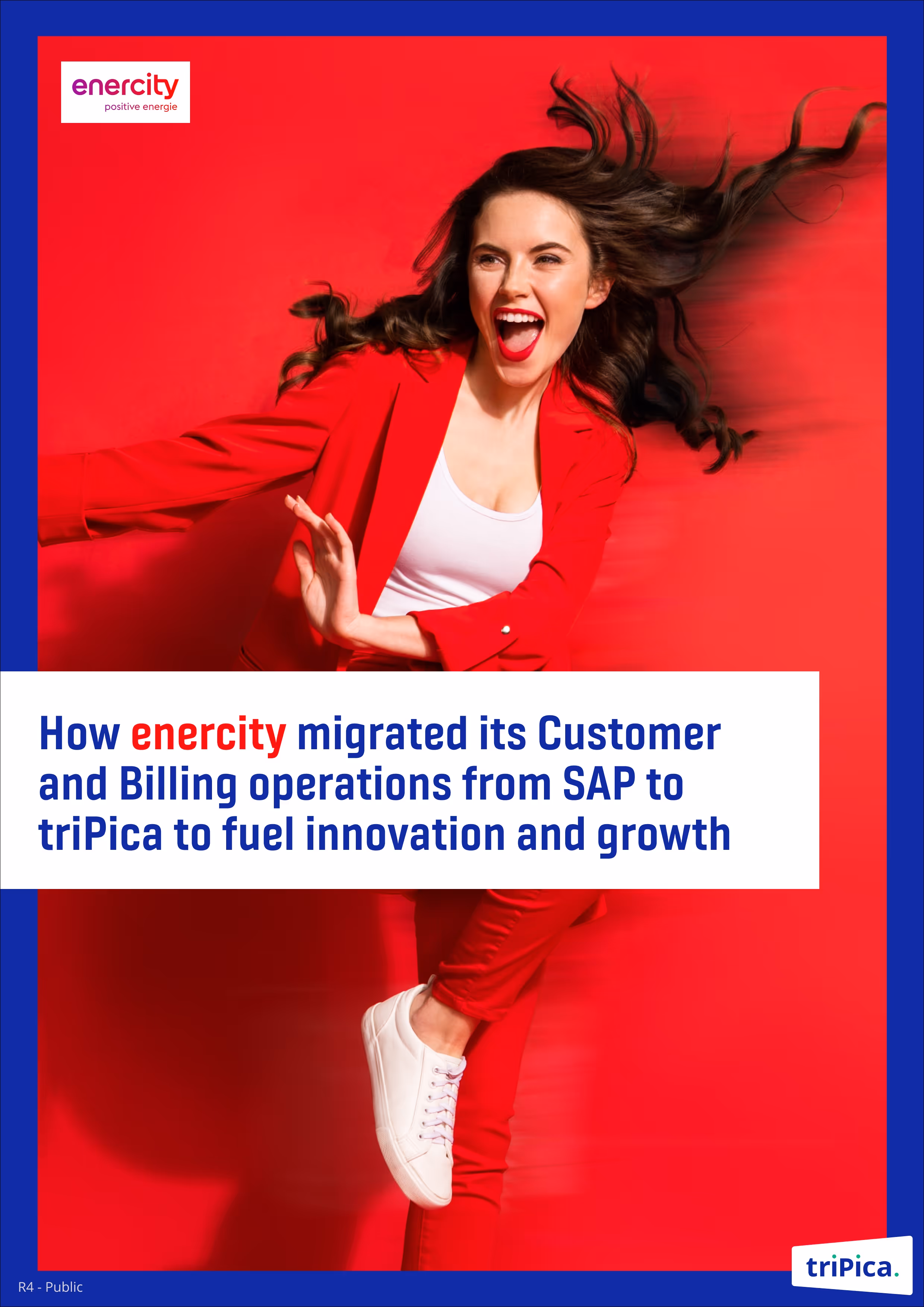 Enercity case study cover with a joyful woman in red outfit against a red background, highlighting migration of customer and billing operations from SAP to triPica.
