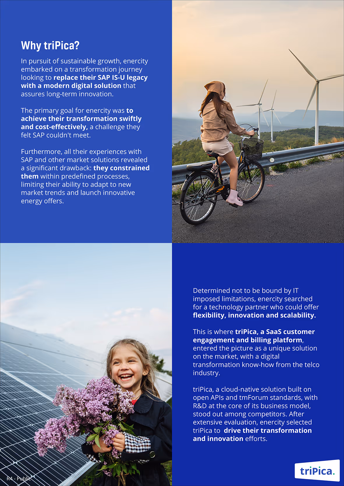 Informational graphic about Enercity's digital transformation journey with triPica, featuring a girl riding a bike past wind turbines and a smiling child holding flowers near solar panels.