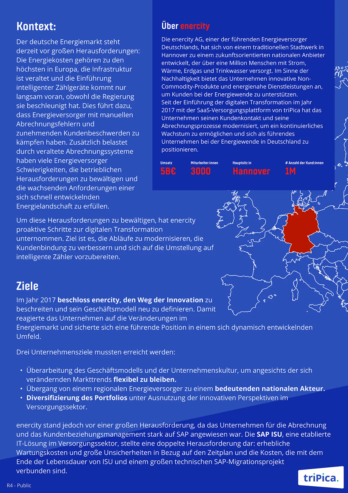 Informational text in German about challenges and innovations in the German energy market, featuring a highlighted section about enercity AG, its revenue, employees, headquarters in Hannover, and customer base of one million; includes a map of Europe with Germany highlighted in red and the triPica logo.