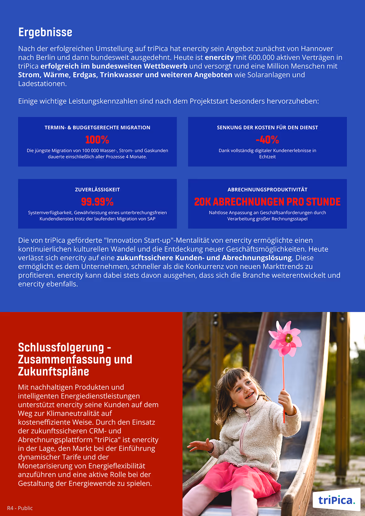 Enercity case study summary with key results highlighting migration success, cost reduction, reliability, and billing productivity, alongside a photo of a smiling young girl on a slide holding a pink pinwheel.
