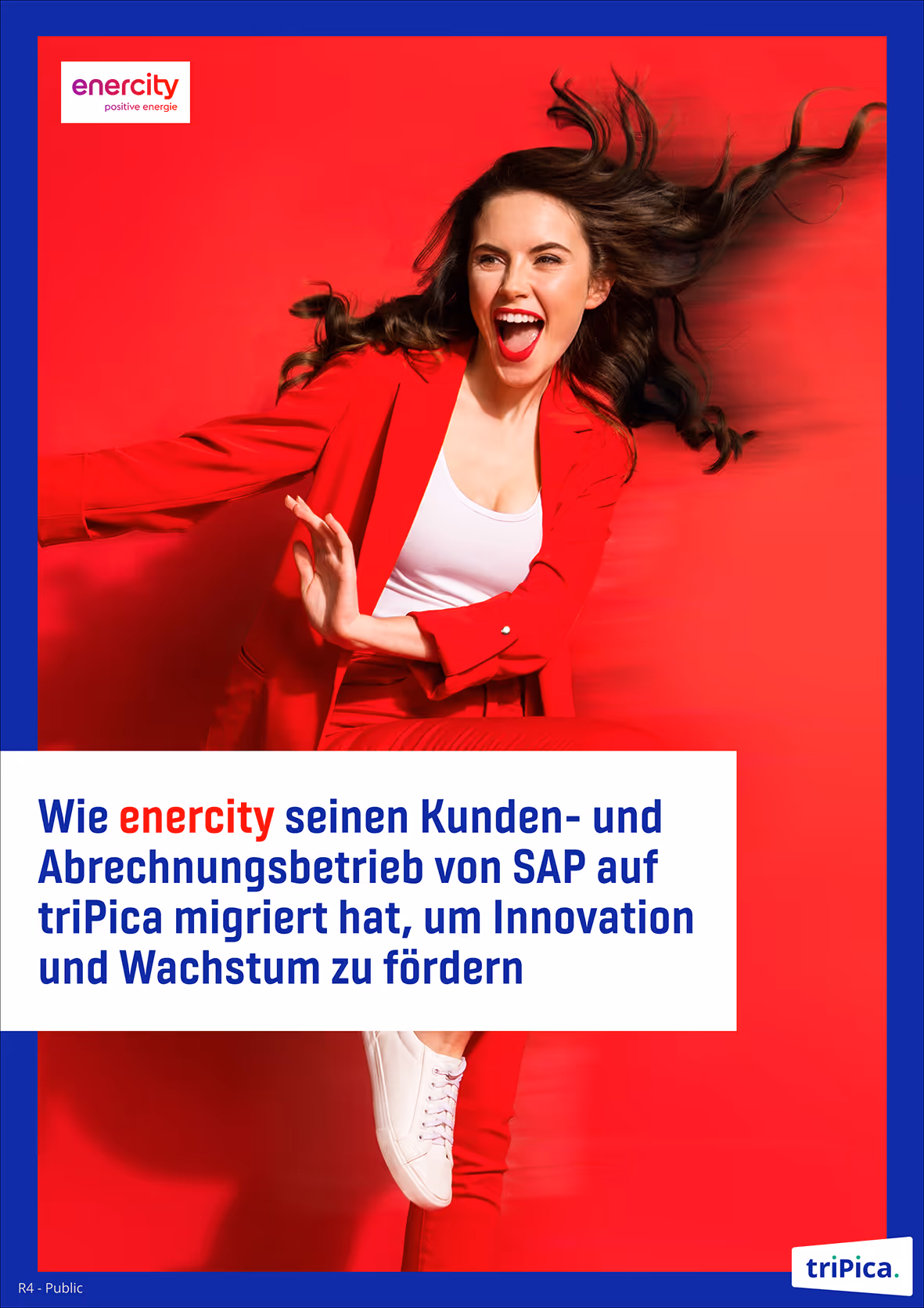 Enercity case study cover with a joyful woman in a red suit against a red background and text about migrating SAP customer and billing operations to triPica to promote innovation and growth.