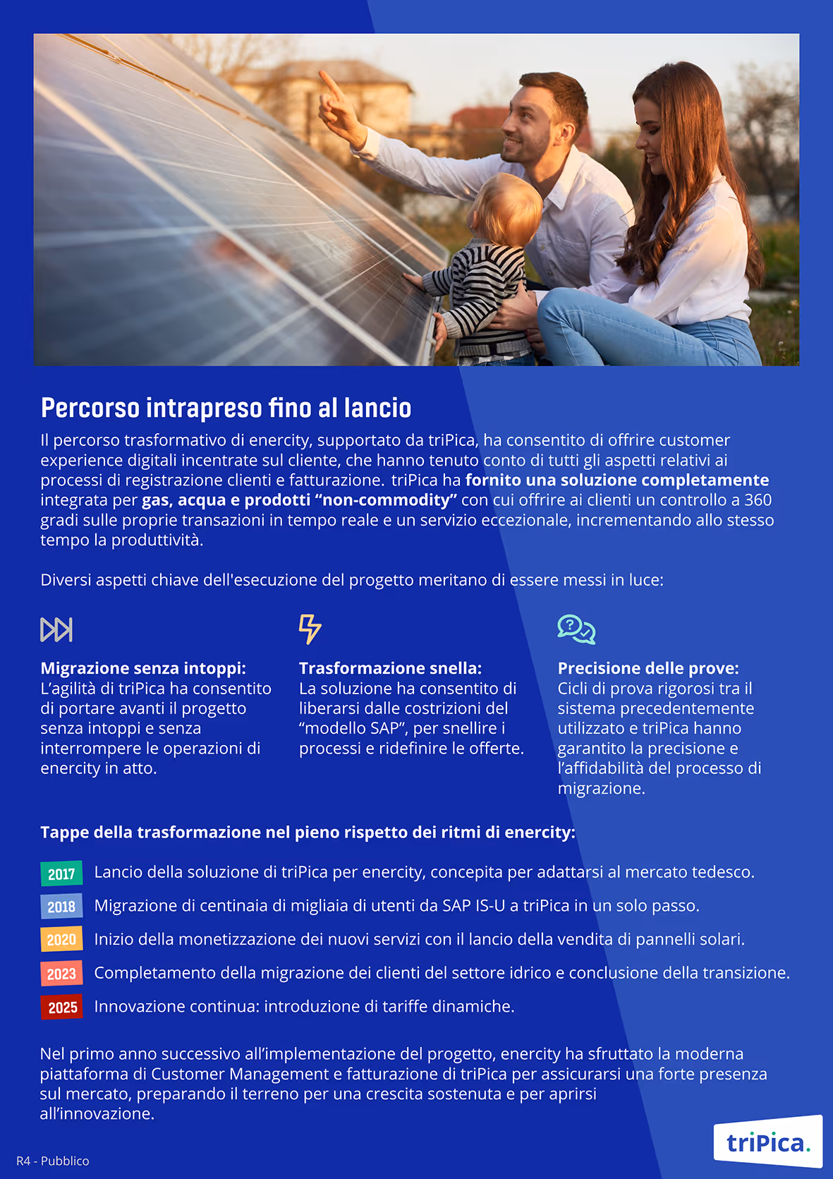 Man, woman, and child examining solar panels outdoors at sunset.