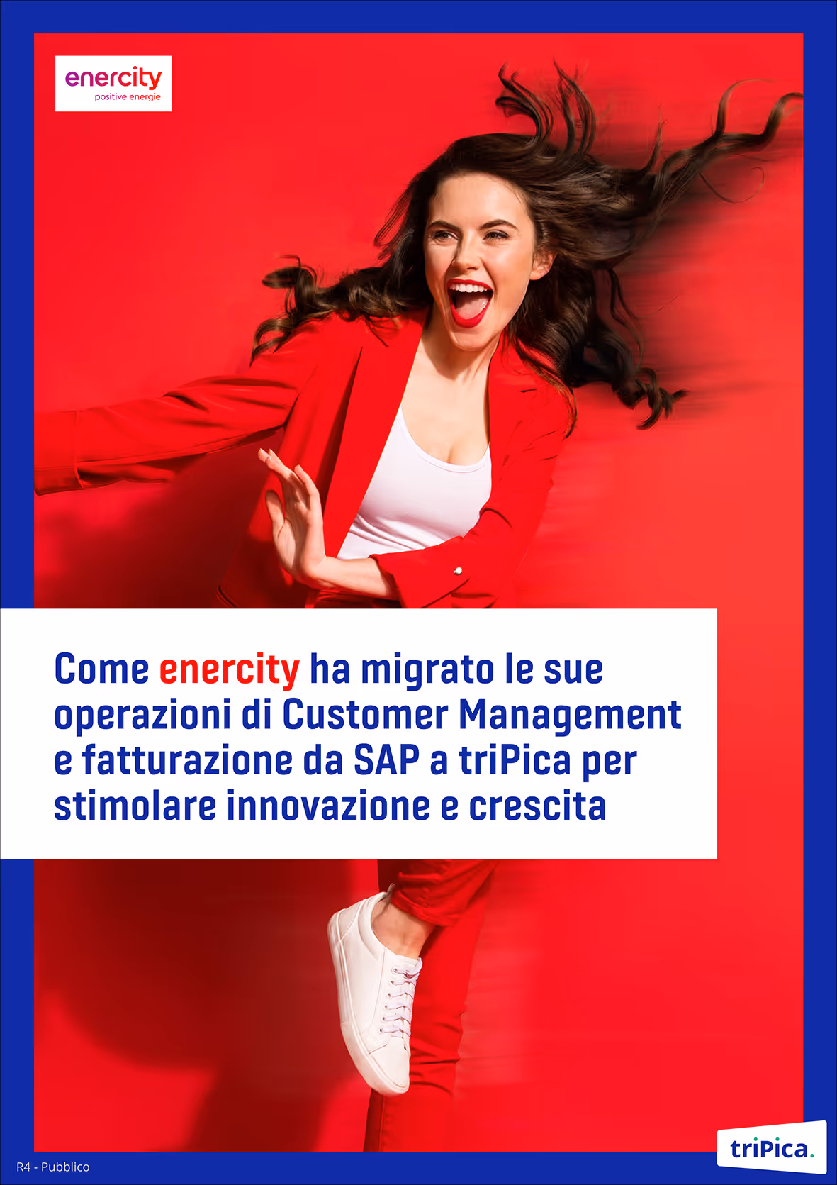 Enercity promotional image with a joyful woman in a red outfit against a red background, highlighting Enercity's migration of Customer Management and billing operations from SAP to triPica to boost innovation and growth.