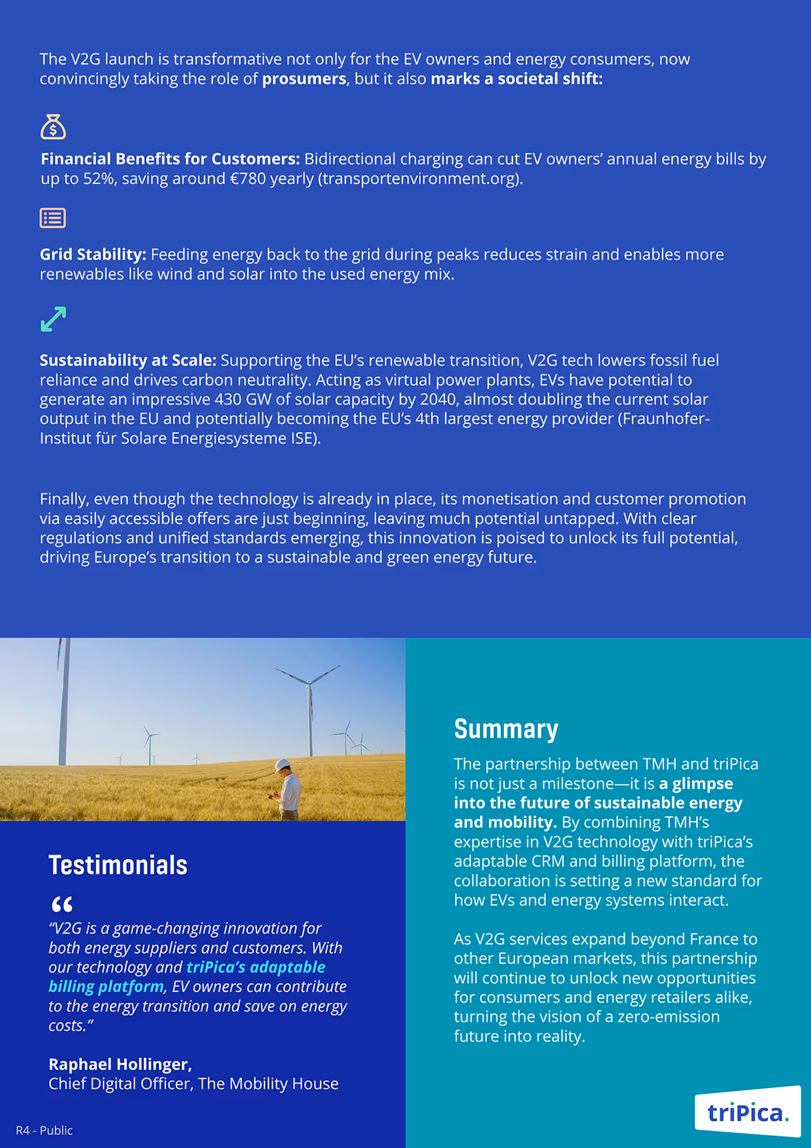 Text block describing V2G benefits including financial savings, grid stability, and sustainability; testimonial from Raphael Hollinger; summary of TMH and triPica partnership with a wind farm and technician in the background.