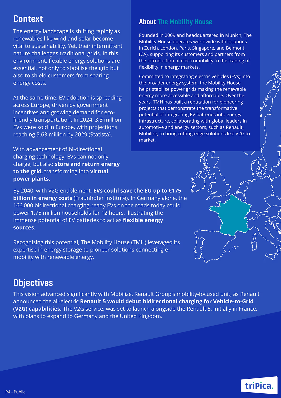 Informational graphic on the energy shift toward renewables, EV adoption in Europe, and Vehicle-to-Grid technology with a map highlighting France in blue. Text describes The Mobility House’s leadership in EV integration and Renault's bidirectional charging debut with the Renault 5.