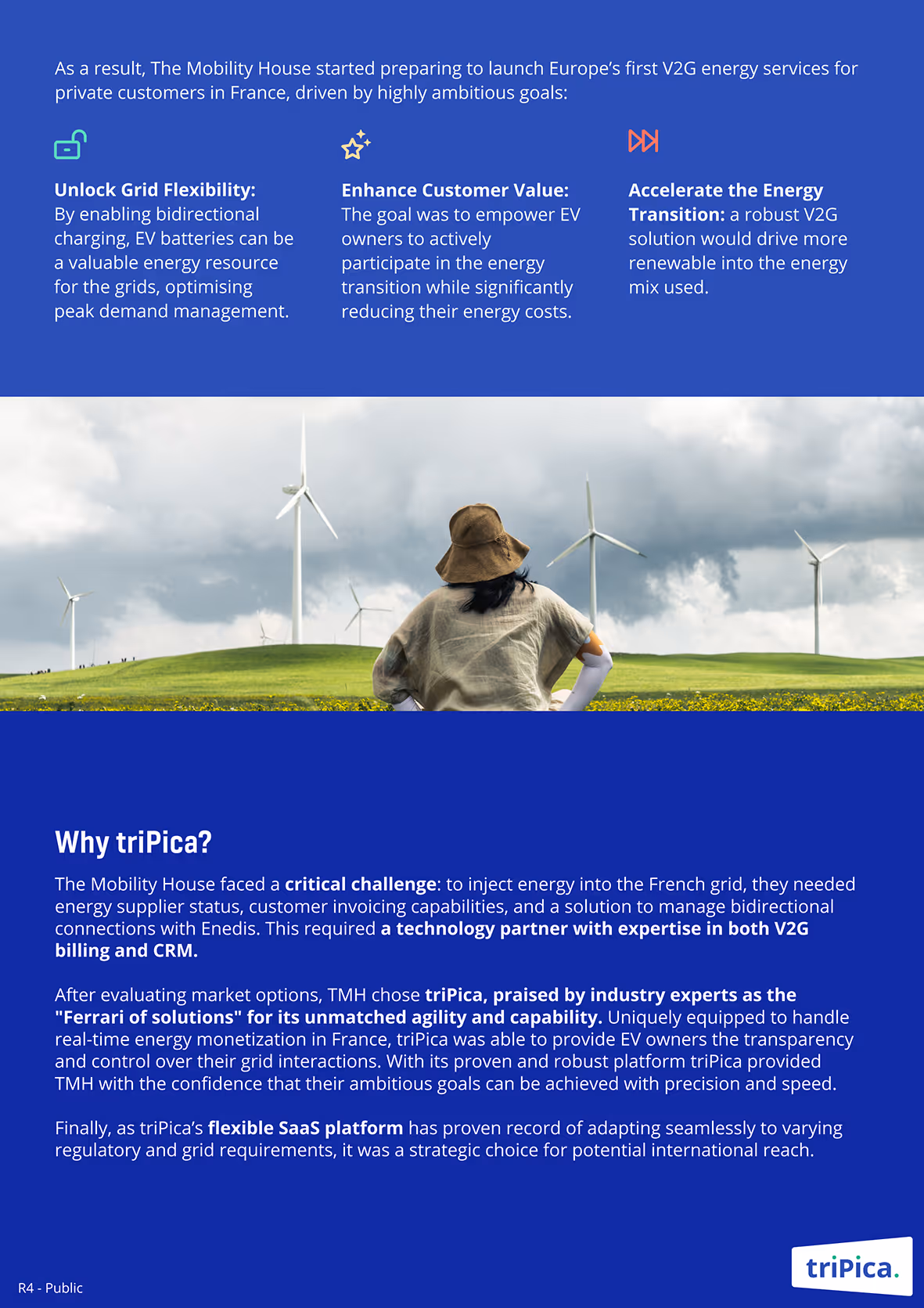 Text describing The Mobility House's goals for Europe's first V2G energy services in France, highlighting unlocking grid flexibility, enhancing customer value, and accelerating energy transition, with a background image of a person in a hat looking at wind turbines on green hills under a cloudy sky.