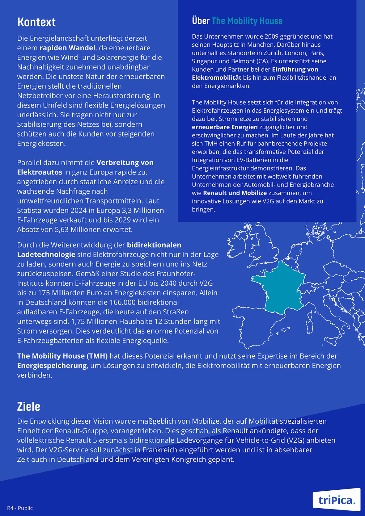 Text-heavy infographic in German about The Mobility House, covering energy transition, spread of electric cars in Europe, bidirectional charging technology, and partnership goals with map highlighting France.