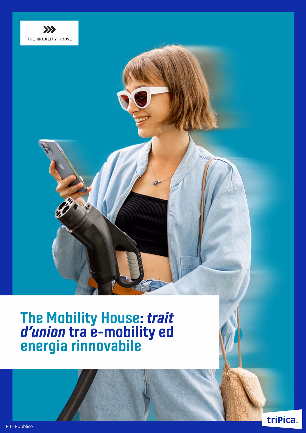 Smiling woman in white sunglasses holding an electric vehicle charging plug and using a smartphone, with text about The Mobility House and renewable energy.
