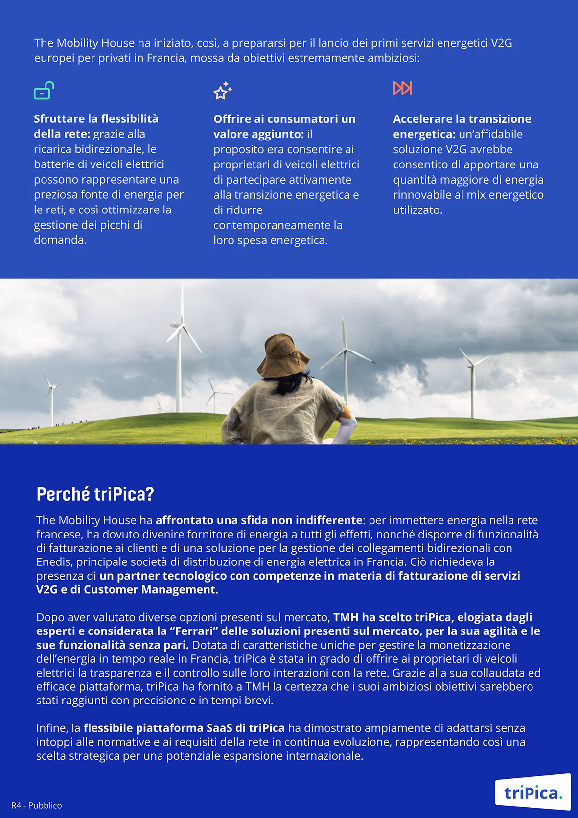 Italian text explaining The Mobility House’s preparation for launching private European V2G energy services in France with goals of network flexibility, consumer value, and accelerating energy transition, accompanied by an image of a person facing wind turbines on a green hill, followed by detailed information about triPica's selection for energy management and SaaS platform adaptability.