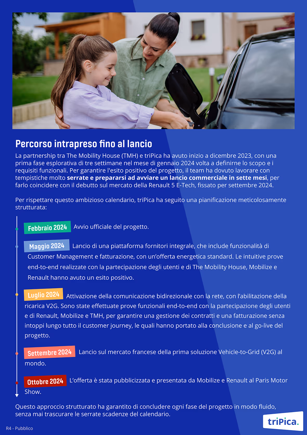 A smiling woman helps a smiling girl charge a black electric vehicle outdoors near a house.