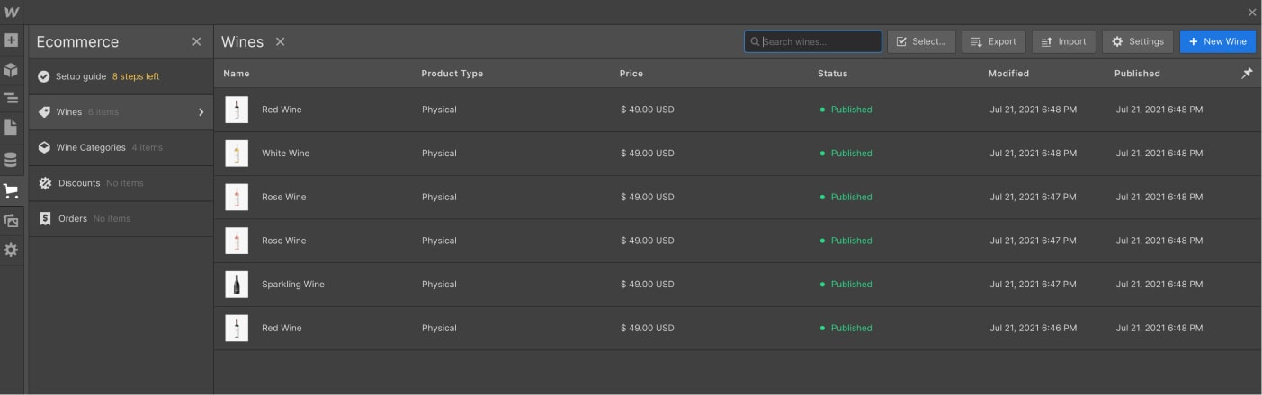 eCommerce Collection - Winery X Webflow Template