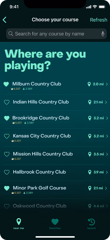parpoints screen to choose golf course