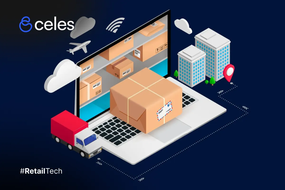 Ilustración 3D de laptop con paquetes en almacén emergiendo de pantalla, camión de entrega, avión y edificios con pin de ubicación, simbolizando logística e-commerce y supply chain digital en retail LATAM por Celes. #RetailTech