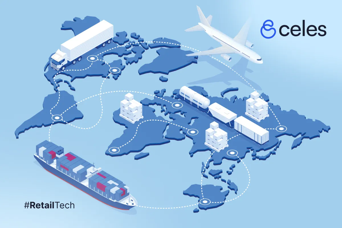 Ilustración 3D de supply chain global: mapa mundial azul con camiones, aviones, barcos y contenedores conectados por rutas logísticas, destacando eficiencia en transporte y retail internacional por Celes. #RetailTech #LogisticaGlobal