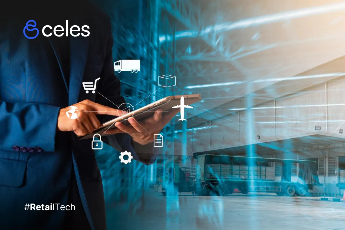 Interfaz de software para Supply Chain Management visualizada sobre un fondo de centro logístico moderno.