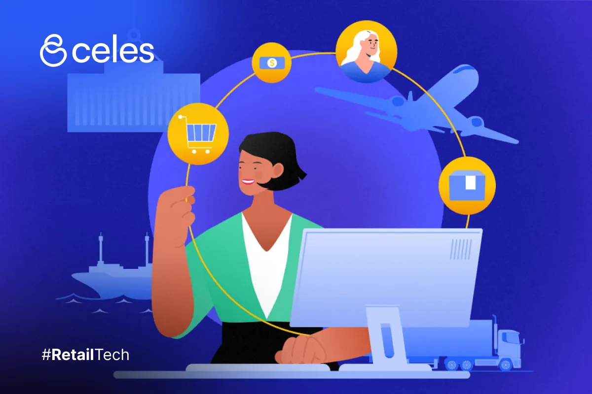 Ilustración de una profesional gestionando una cadena de suministro digital, conectando abastecimiento, finanzas y compras desde un monitor.