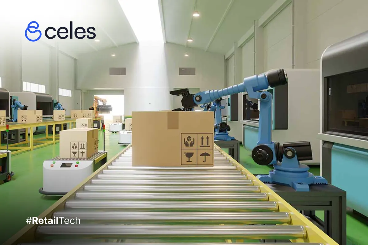 Almacén inteligente con robots colaborativos y cintas transportadoras para la optimización de la cadena de suministro.