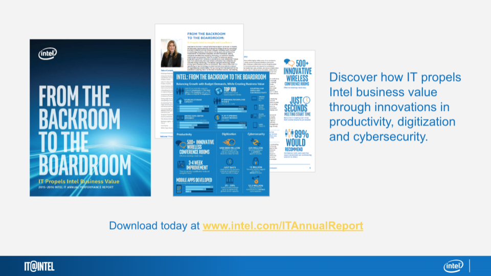 Layout of snapshots of the Intel IT Performance Report 2015-20616 and digital assets from Intel