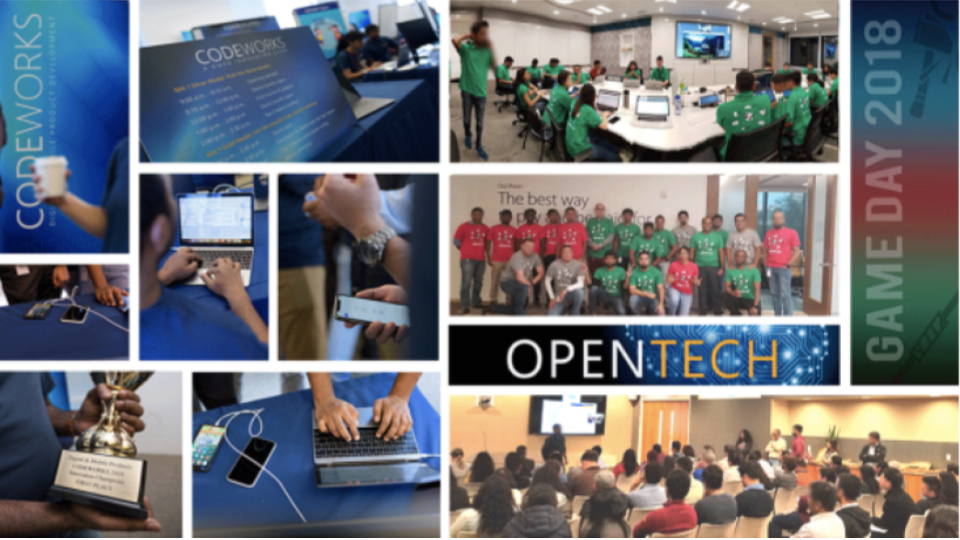 Snapshots/collage of CodeWorks, OpenTech, Game Day, and other events at Visa