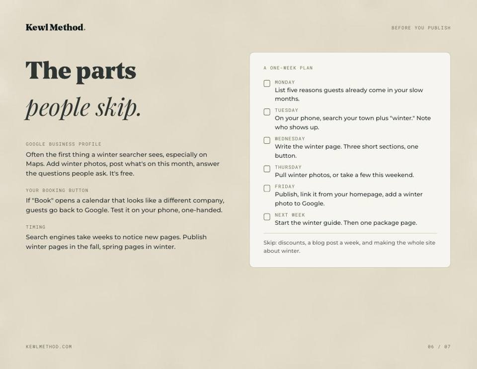 Slide: before you publish, with a one-week plan