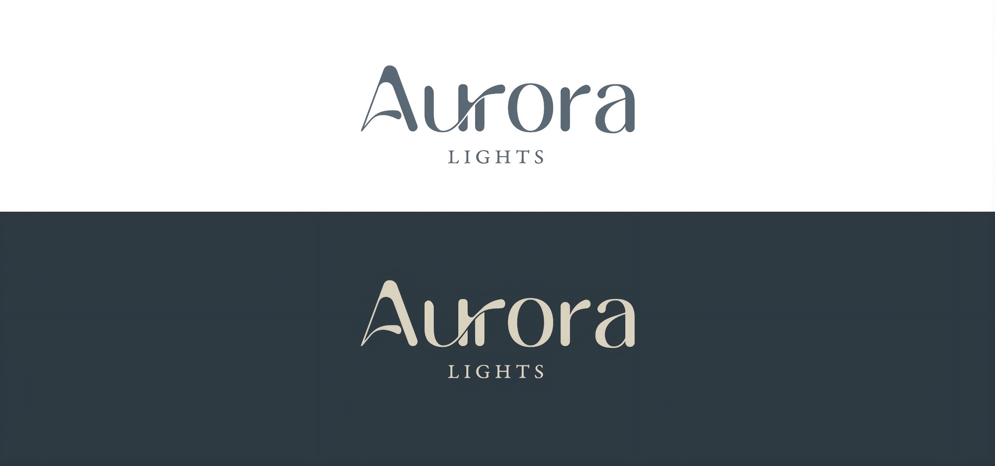 Aurora Lights wordmark shown in navy on white and in cream on midnight navy
