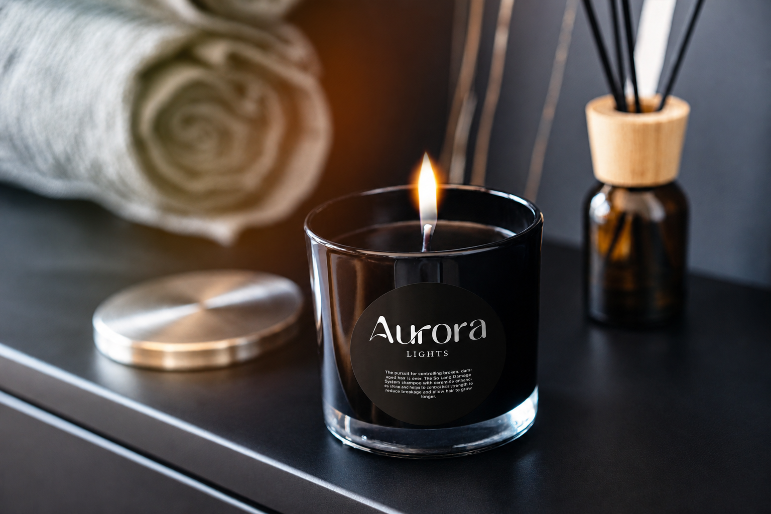 Lit Aurora Lights candle in a black glass jar, with a brass lid, rolled towel and diffuser