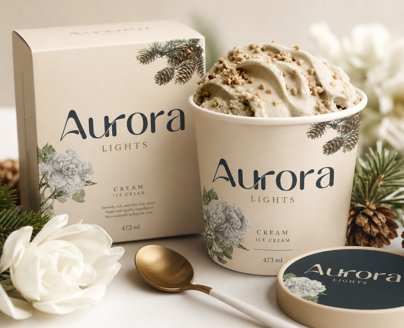 Aurora ice cream tub and box with botanical illustrations, beside a gold spoon, pine cones and white flowers