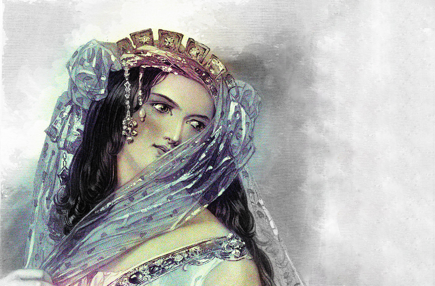 Victorian engraving of Cleopatra in a jeweled crown, glancing back through a sheer veil